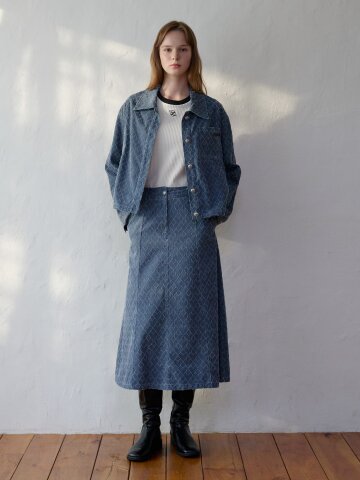 자카드 텍스처 버튼 데님 셋업 스커트 
