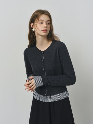 WD_Check layer round neck cardigan