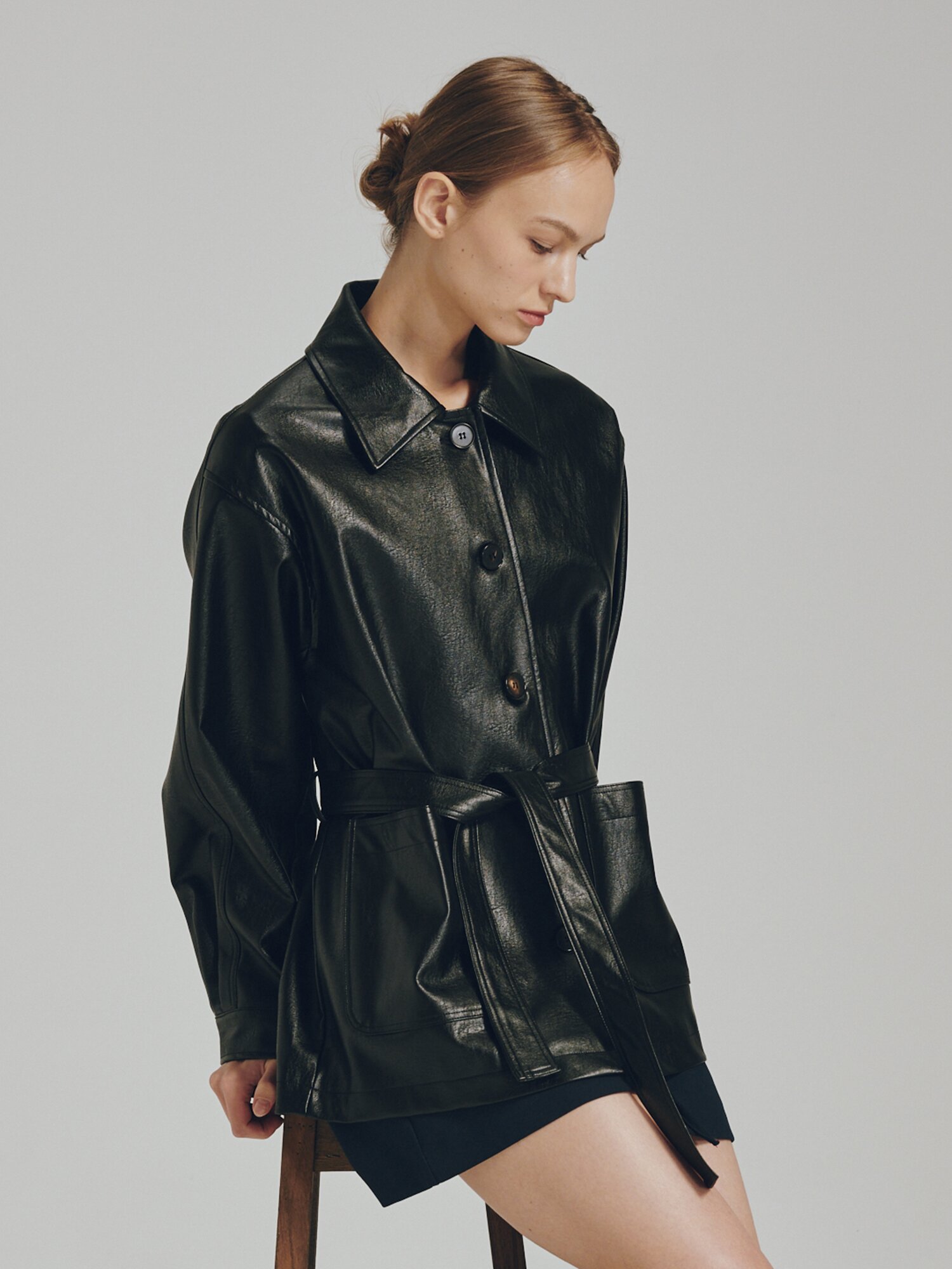 벨티드 레더 자켓 - 블랙 / Belted Leather Jacket - Black
