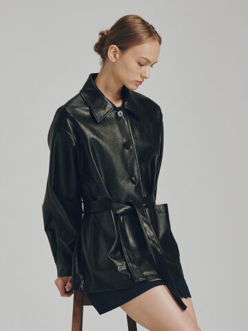 벨티드 레더 자켓 - 블랙 / Belted Leather Jacket - Black
