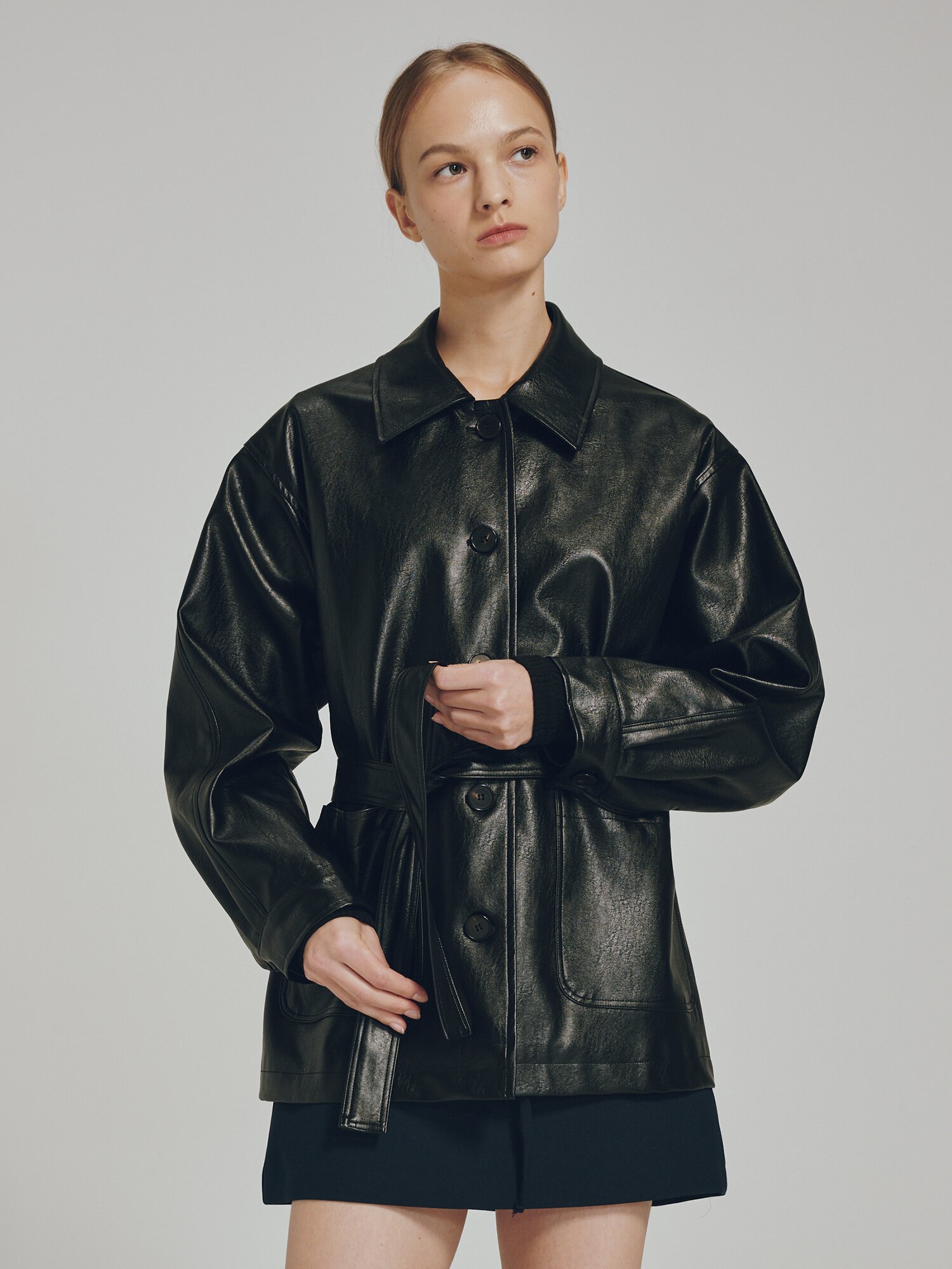 벨티드 레더 자켓 - 블랙 / Belted Leather Jacket - Black