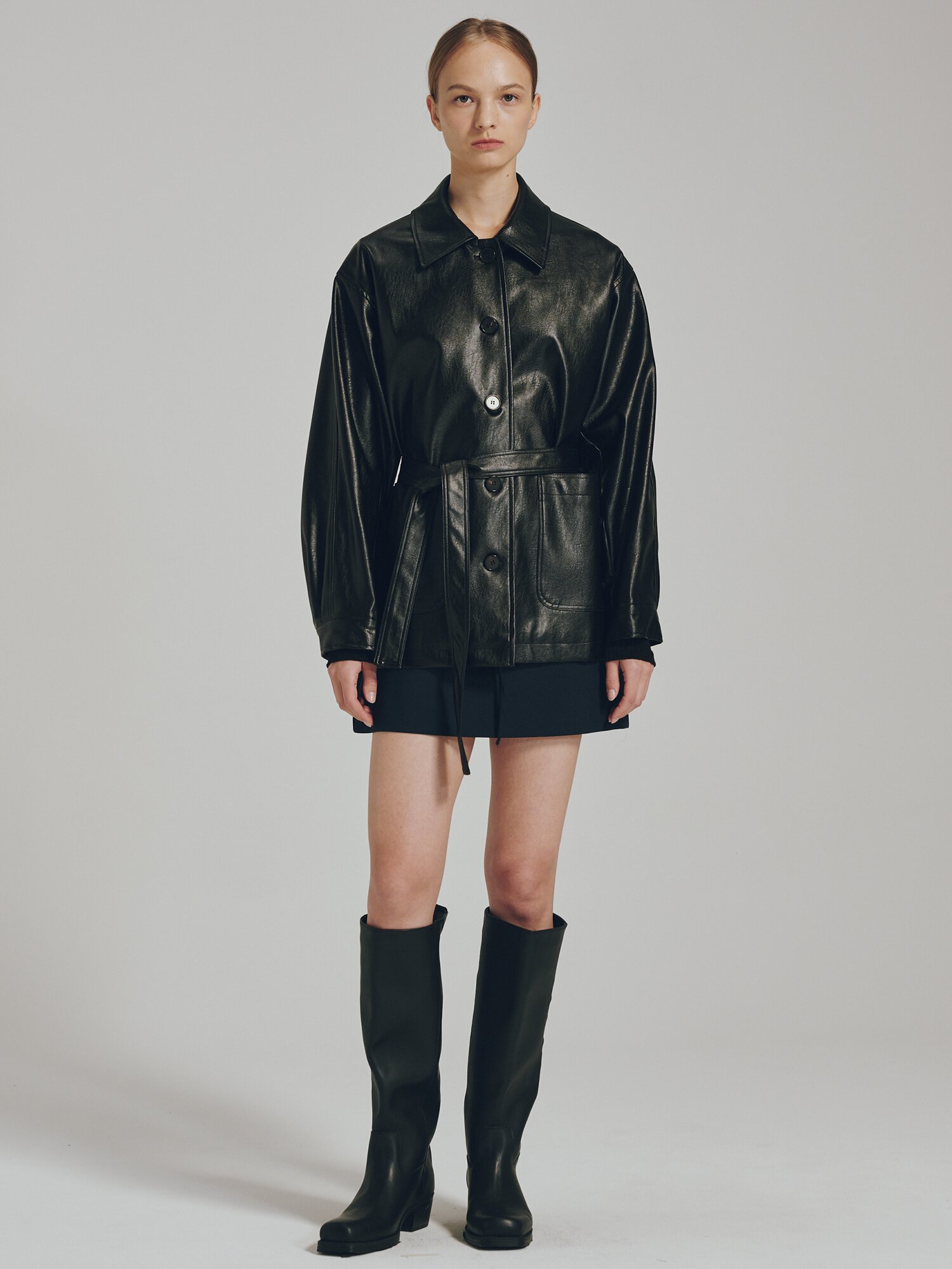 벨티드 레더 자켓 - 블랙 / Belted Leather Jacket - Black