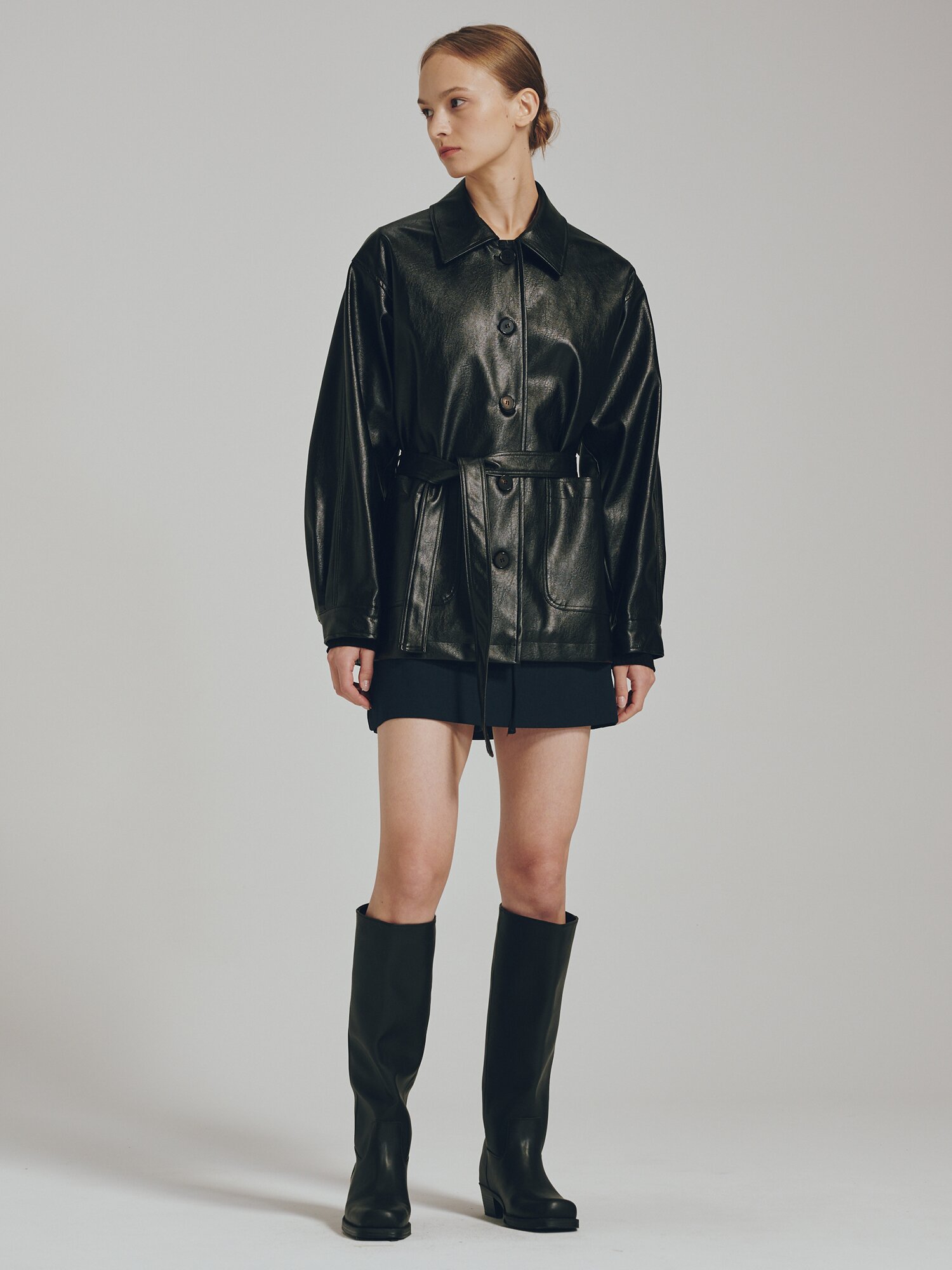 벨티드 레더 자켓 - 블랙 / Belted Leather Jacket - Black