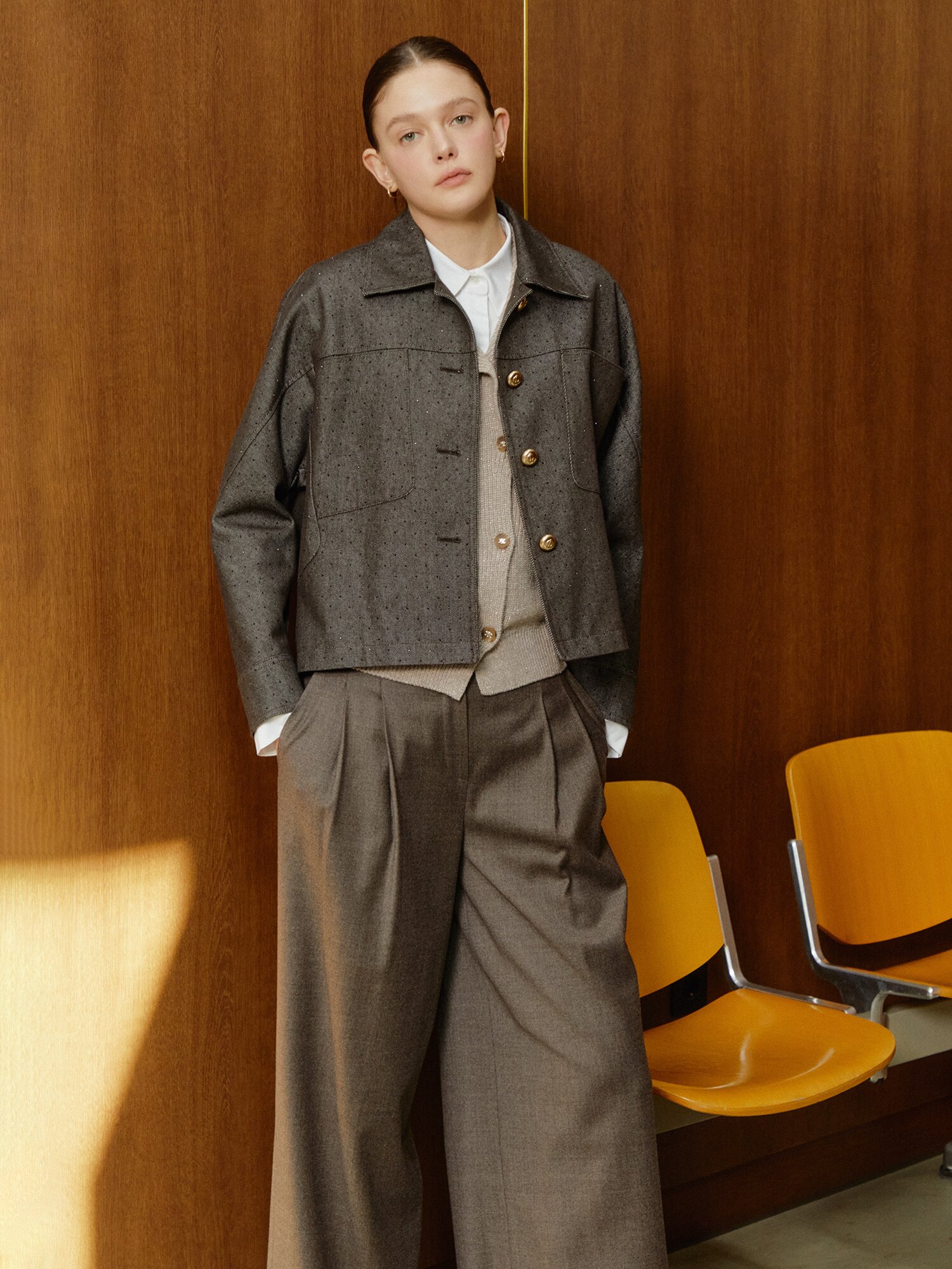 스팽글 버튼 포인트 데님 재킷 (BROWN)