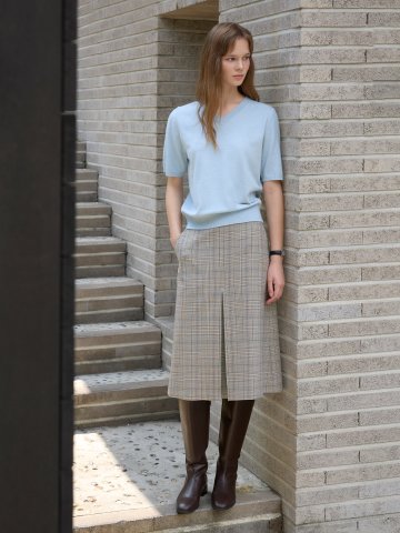 체크 센터 플리츠 스커트 