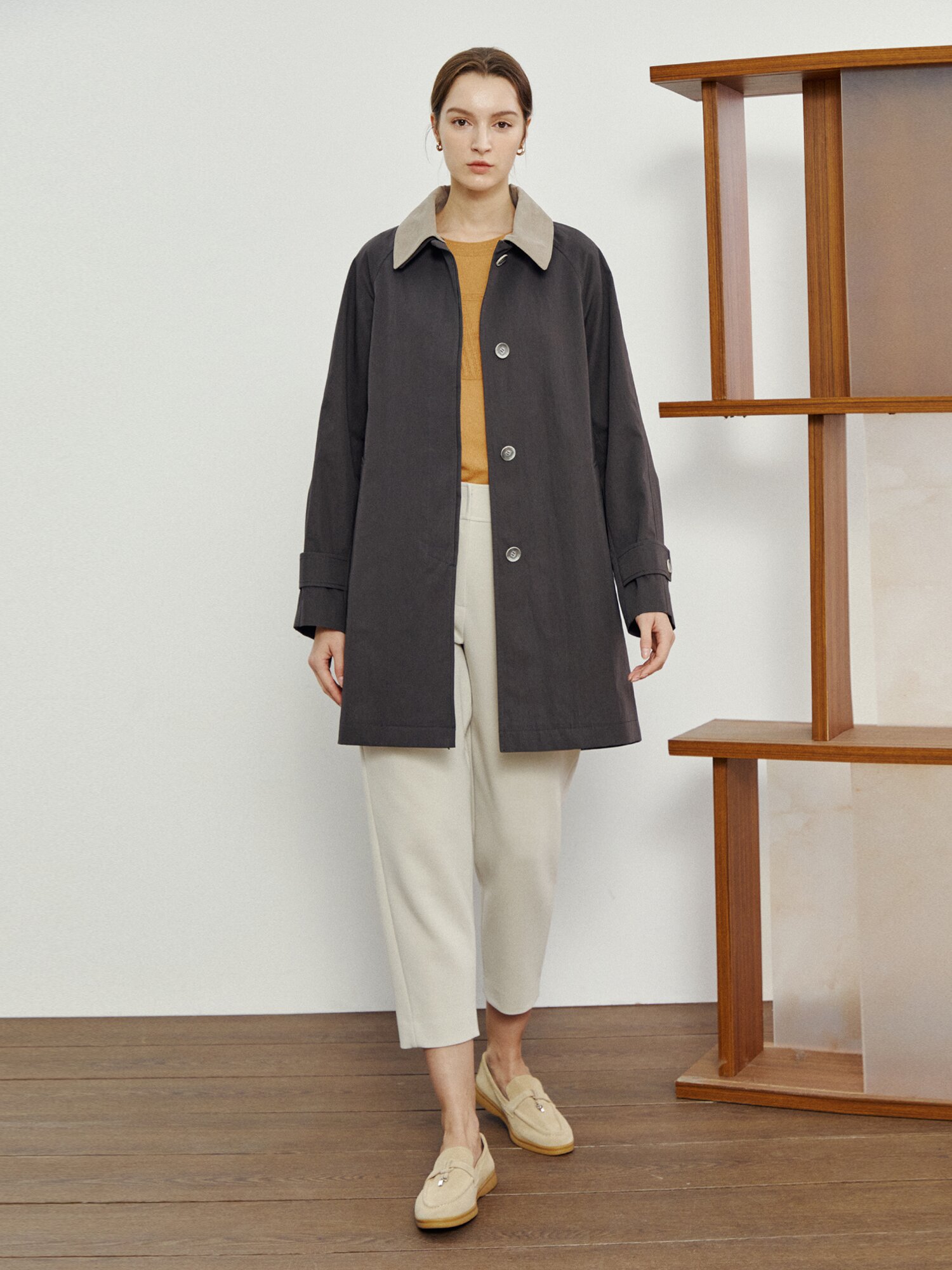 코튼 블렌드 디터쳐블 칼라 트렌치 코트 (DARK GREY)