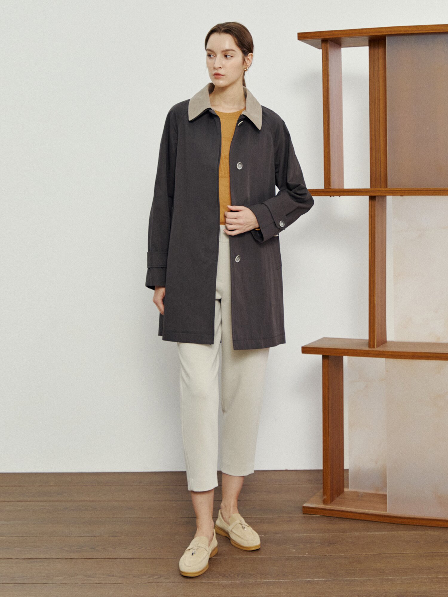 코튼 블렌드 디터쳐블 칼라 트렌치 코트 (DARK GREY)