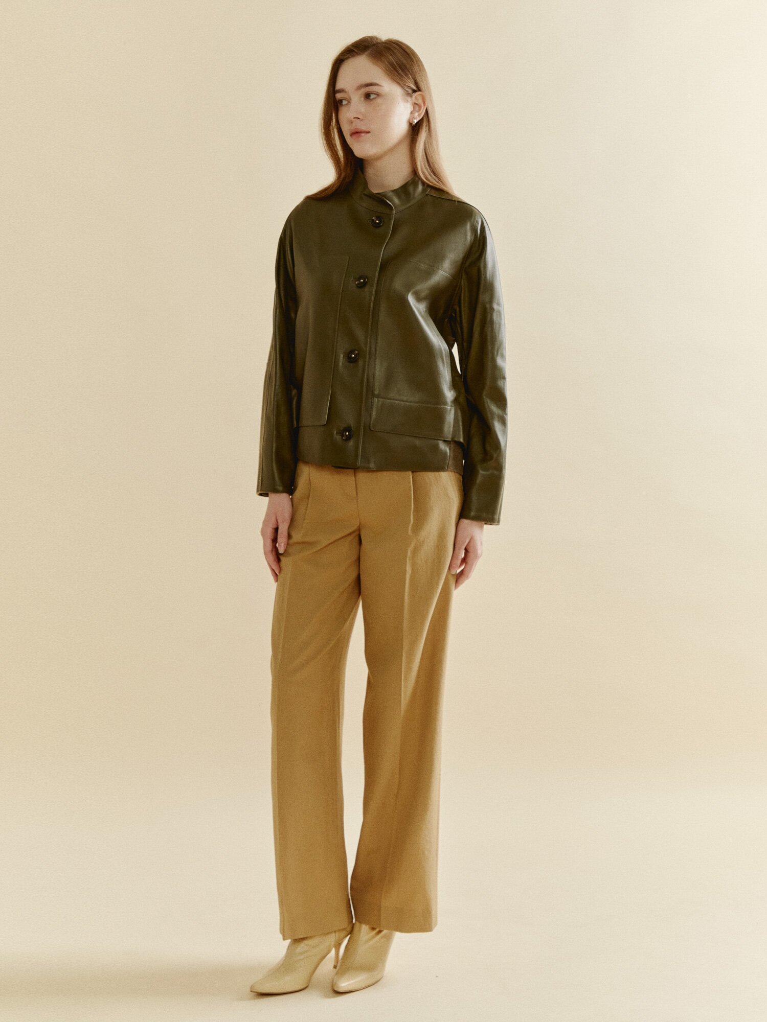 밴드넥 시티페이스 레더 재킷 (OLIVE KHAKI)
