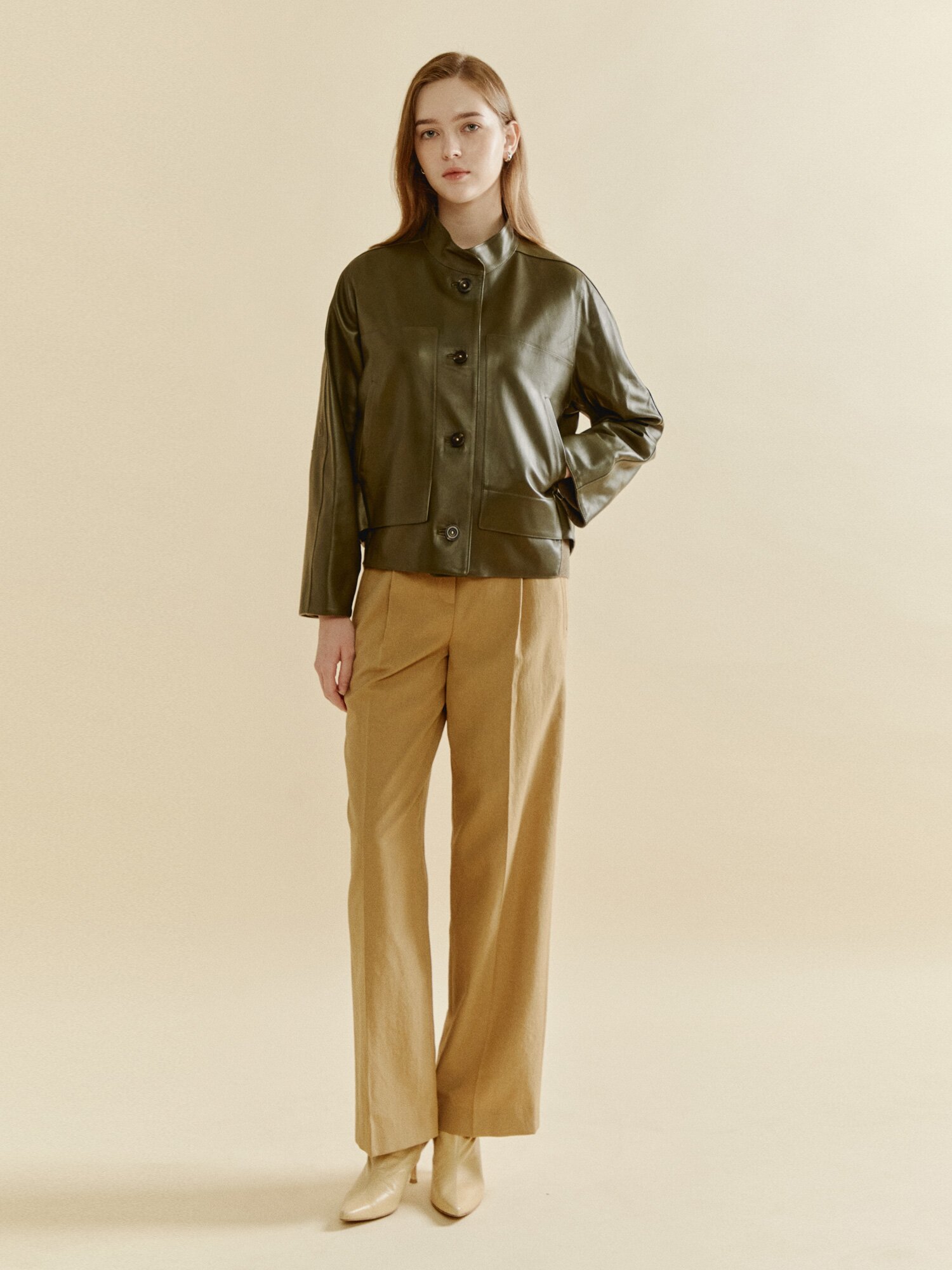 밴드넥 시티페이스 레더 재킷 (OLIVE KHAKI)
