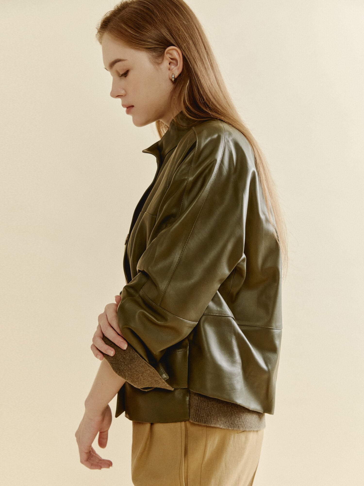 밴드넥 시티페이스 레더 재킷 (OLIVE KHAKI)