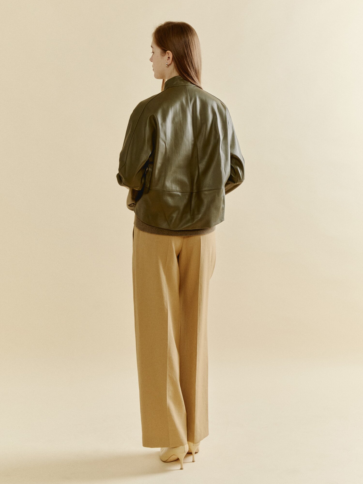 밴드넥 시티페이스 레더 재킷 (OLIVE KHAKI)