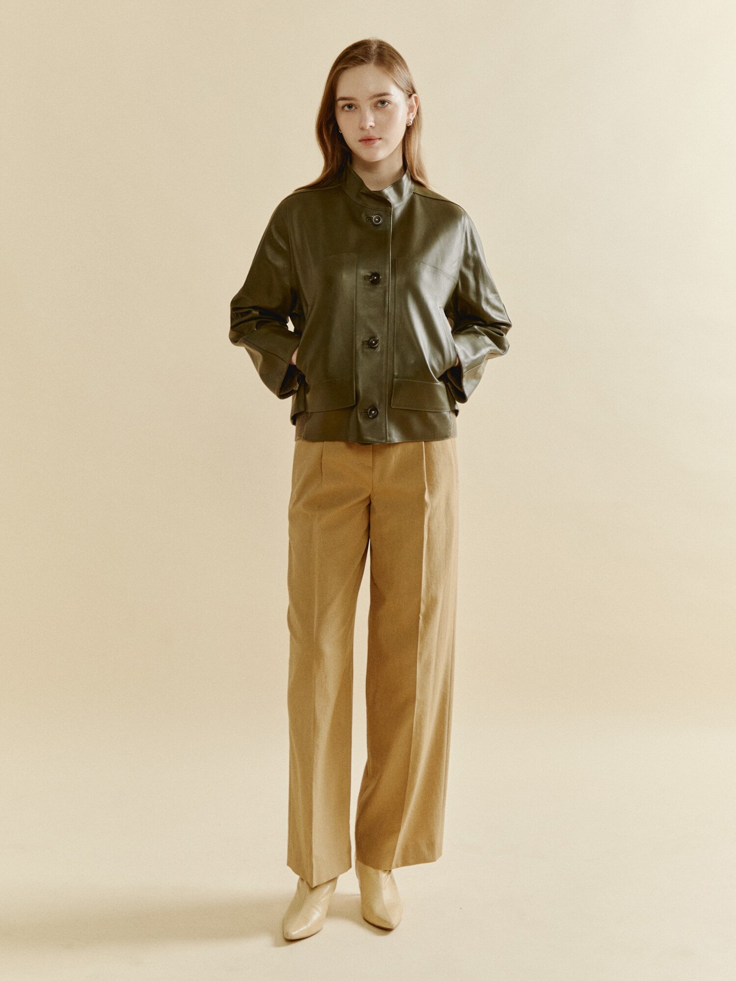 밴드넥 시티페이스 레더 재킷 (OLIVE KHAKI)