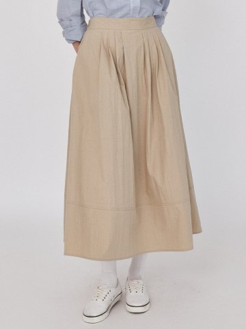 Pleats Flow Banding Long Skirt - Beige