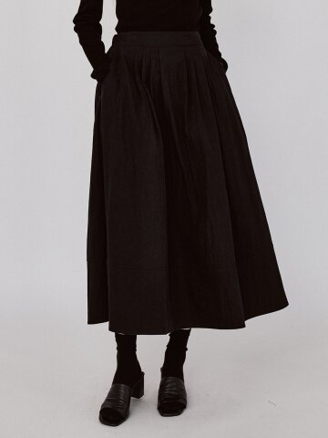Pleats Flow Banding Long Skirt - Black