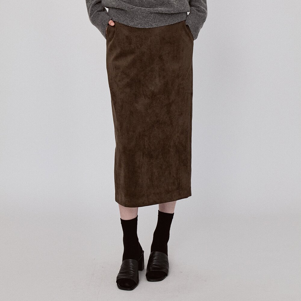 Basic Suede Long Skirt - KhakiBrown