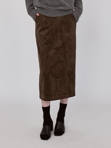 Basic Suede Long Skirt - KhakiBrown