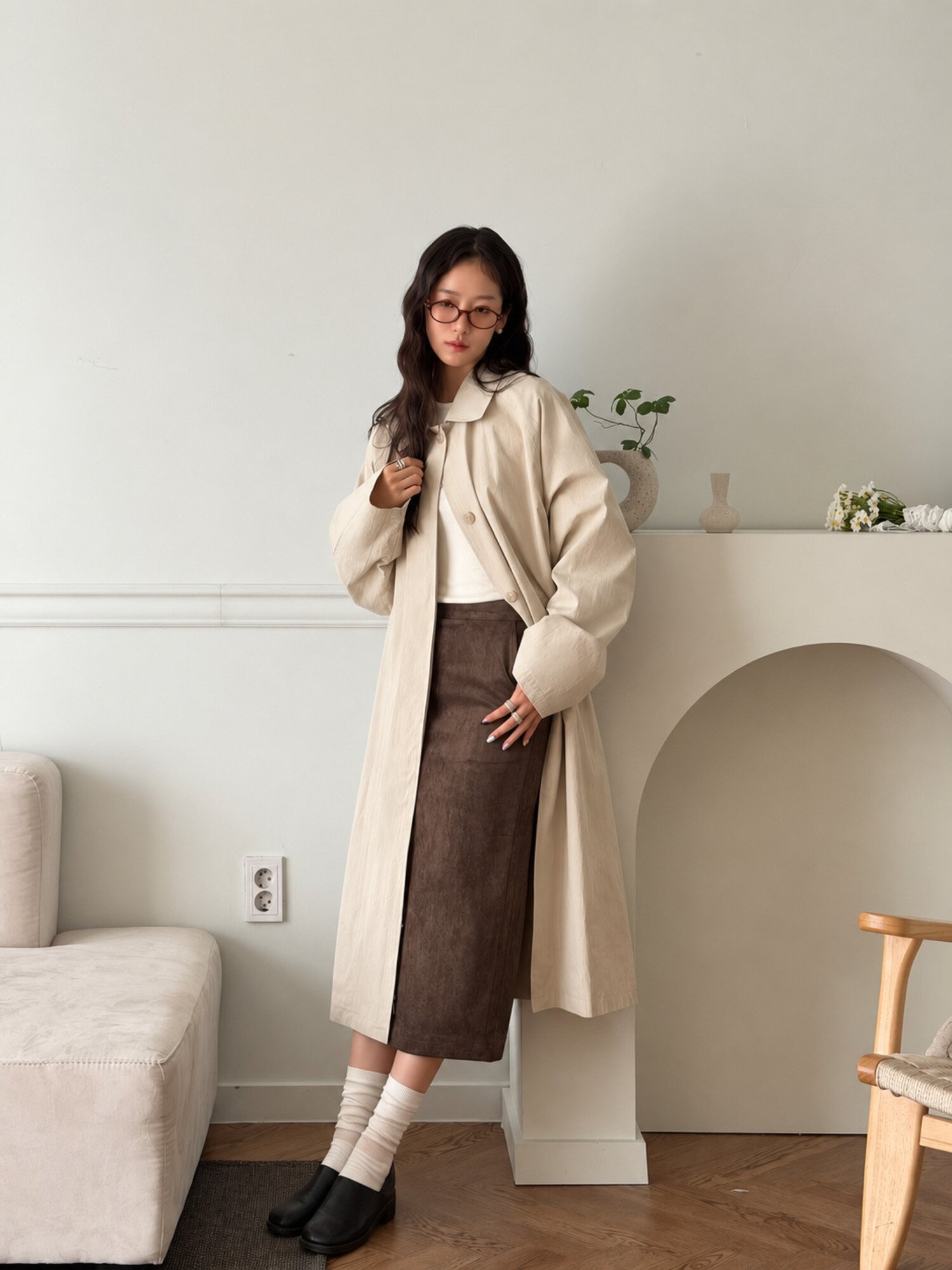 Basic Suede Long Skirt - KhakiBrown