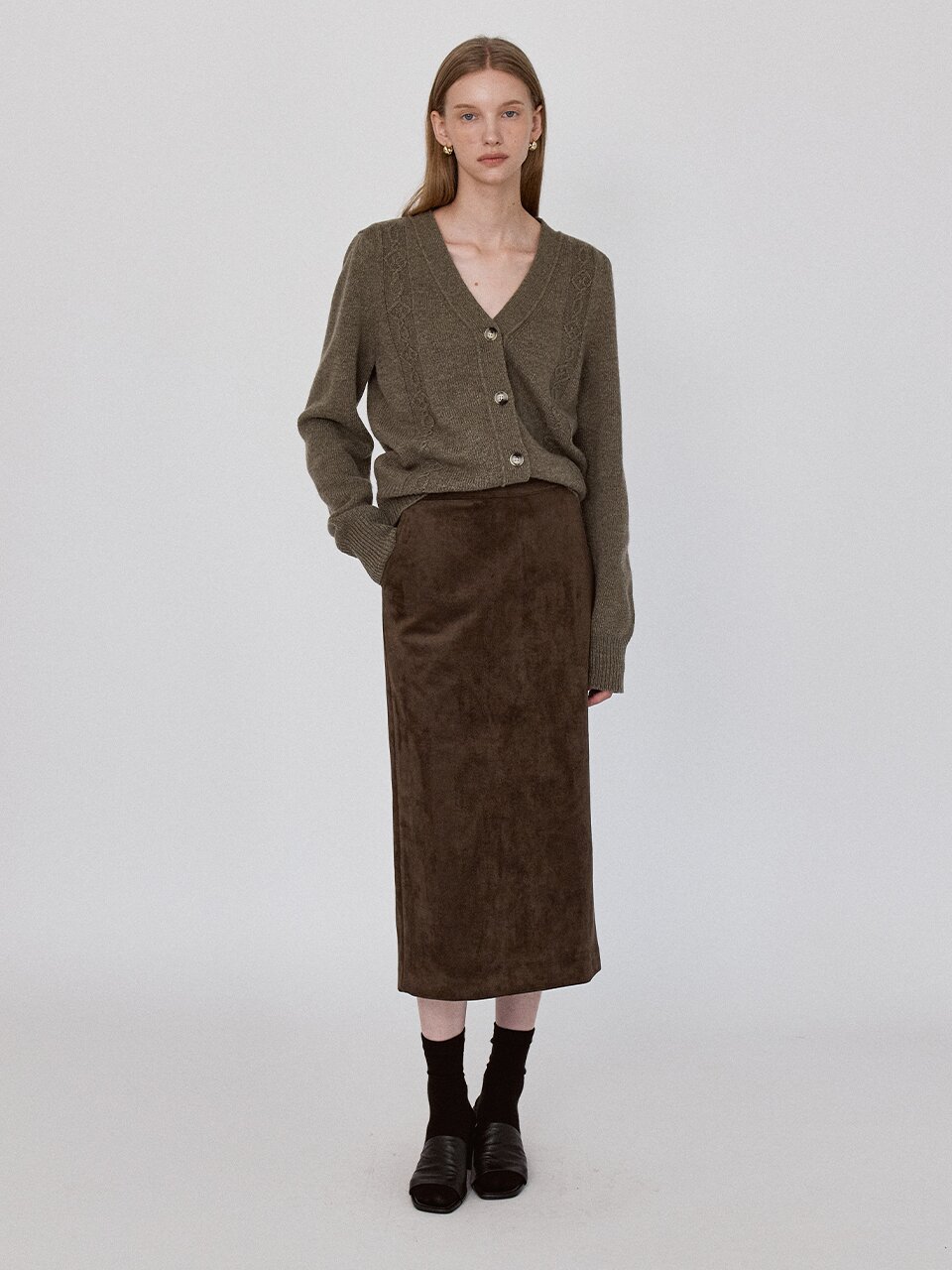 Basic Suede Long Skirt - KhakiBrown