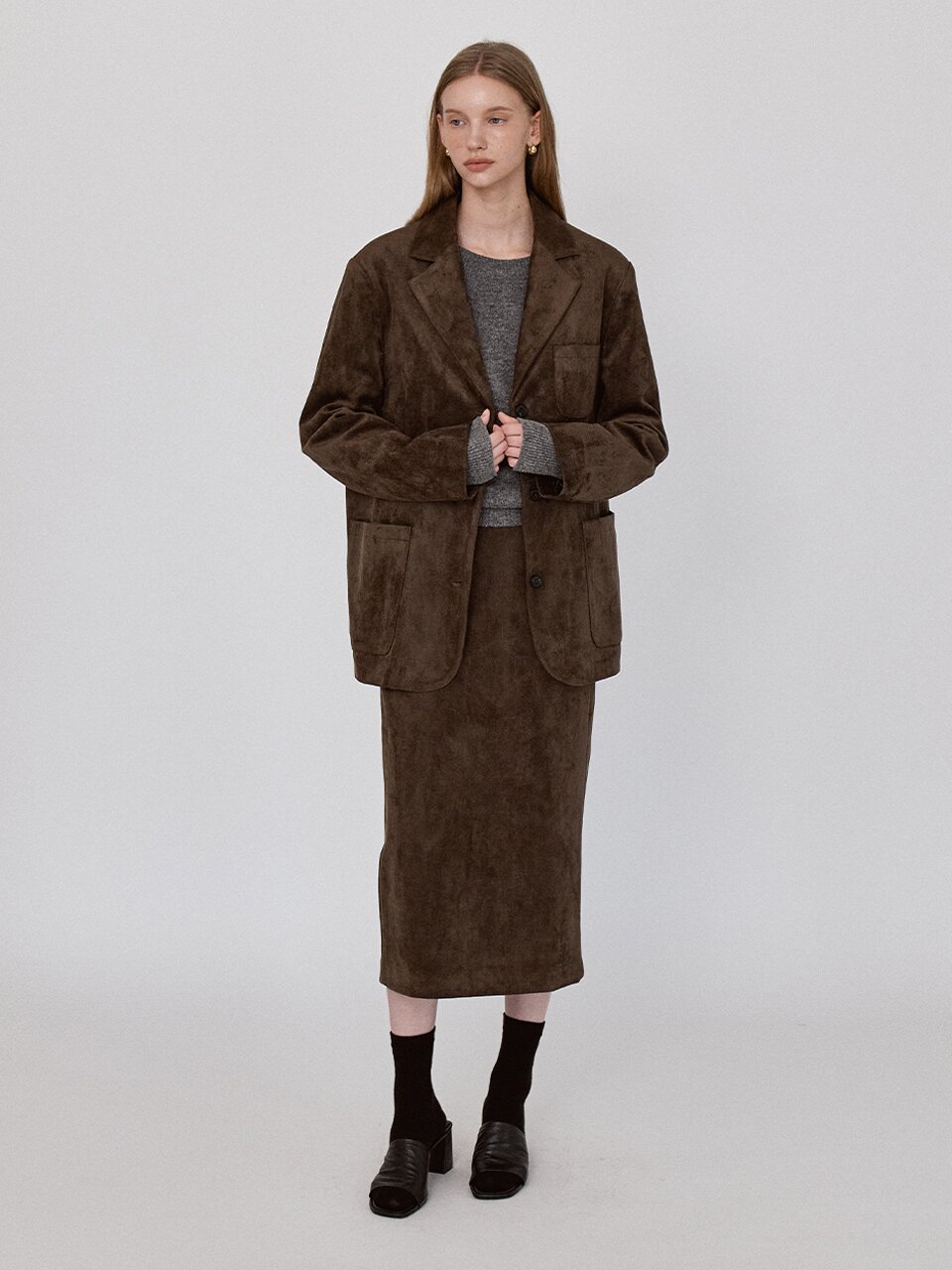 Basic Suede Long Skirt - KhakiBrown