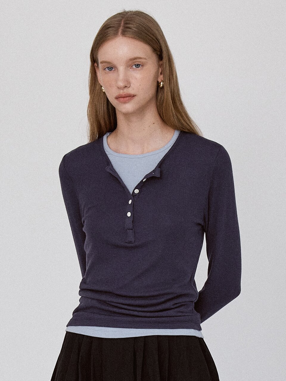 Basic Layered Panel T-Shirt - Navy