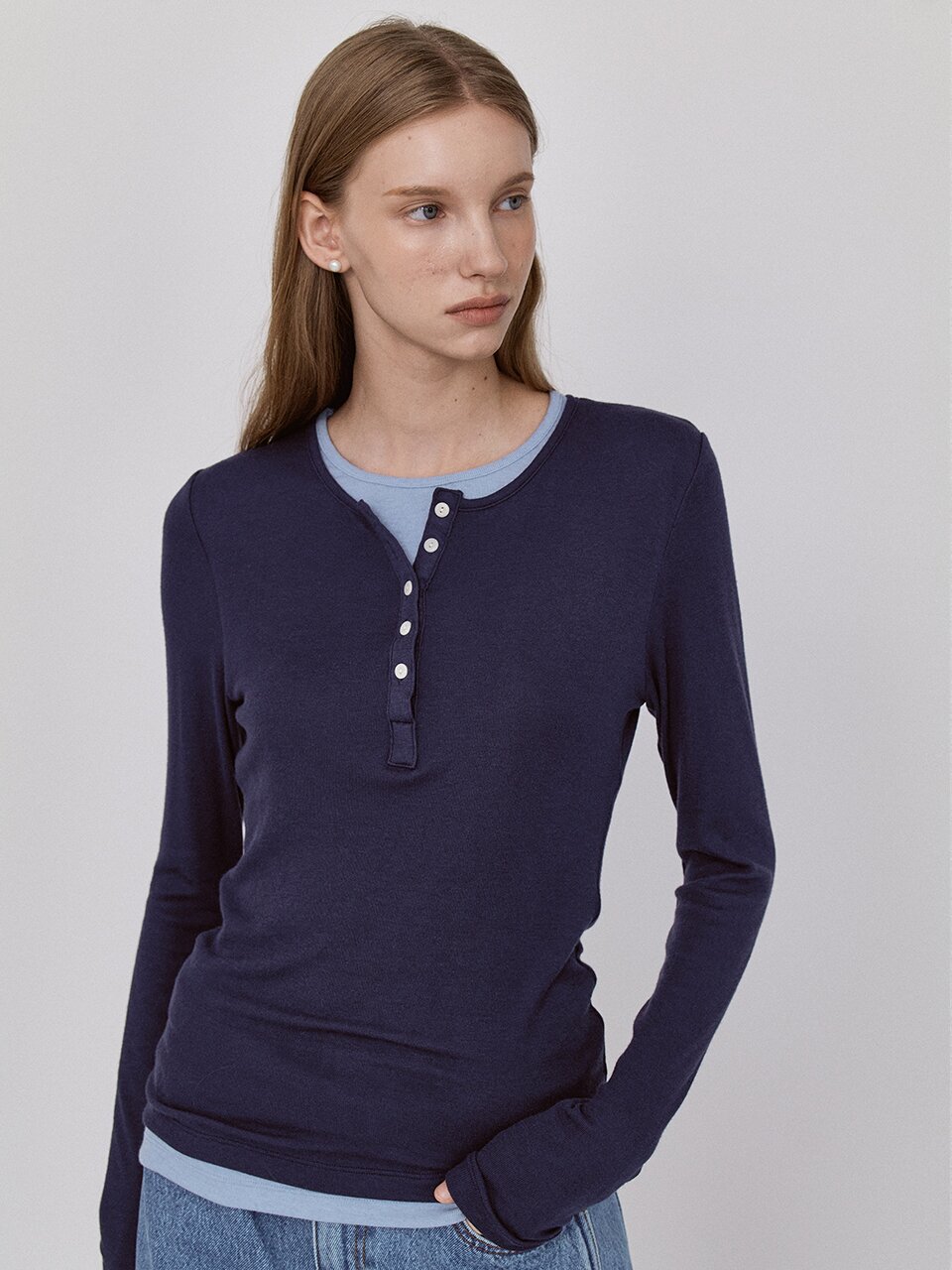 Basic Layered Panel T-Shirt - Navy