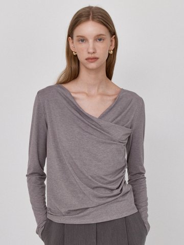 Cross Shirring Ruffle T-Shirt - Gray