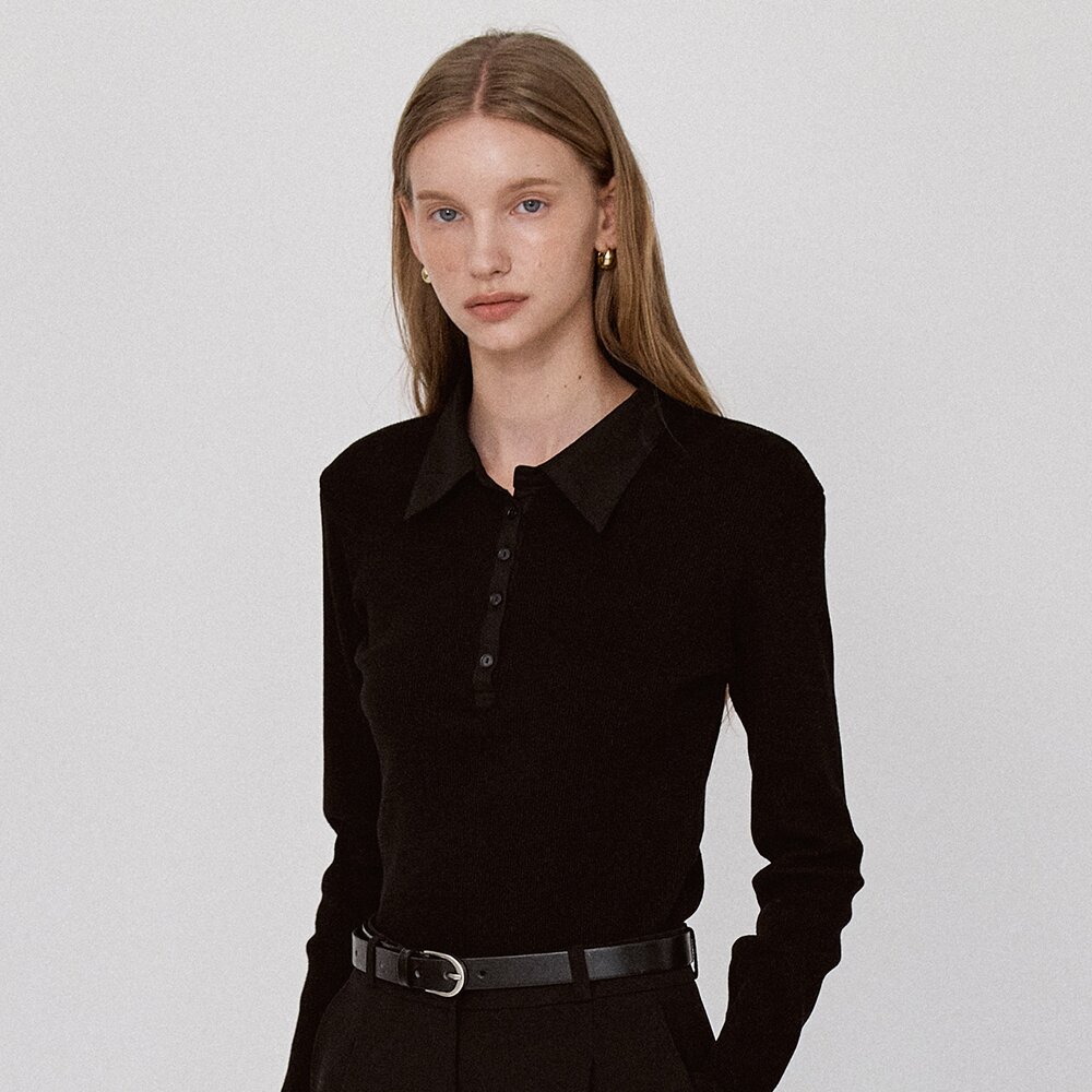 Ribbed Panel Classic Collar T-Shirt - Black