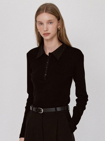 Ribbed Panel Classic Collar T-Shirt - Black