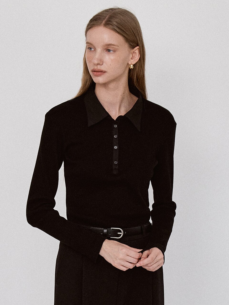 Ribbed Panel Classic Collar T-Shirt - Black