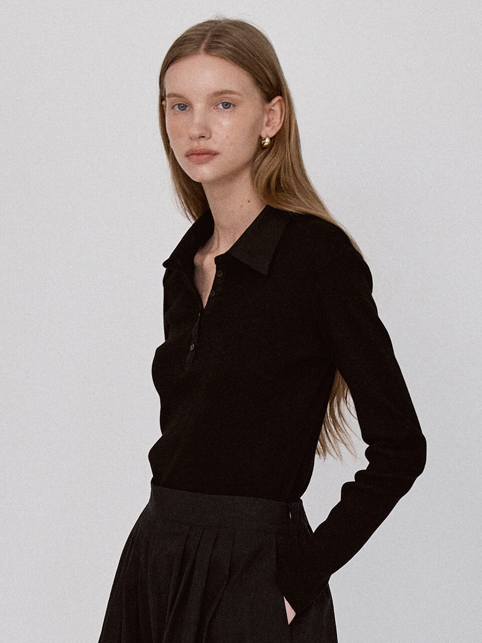 Ribbed Panel Classic Collar T-Shirt - Black