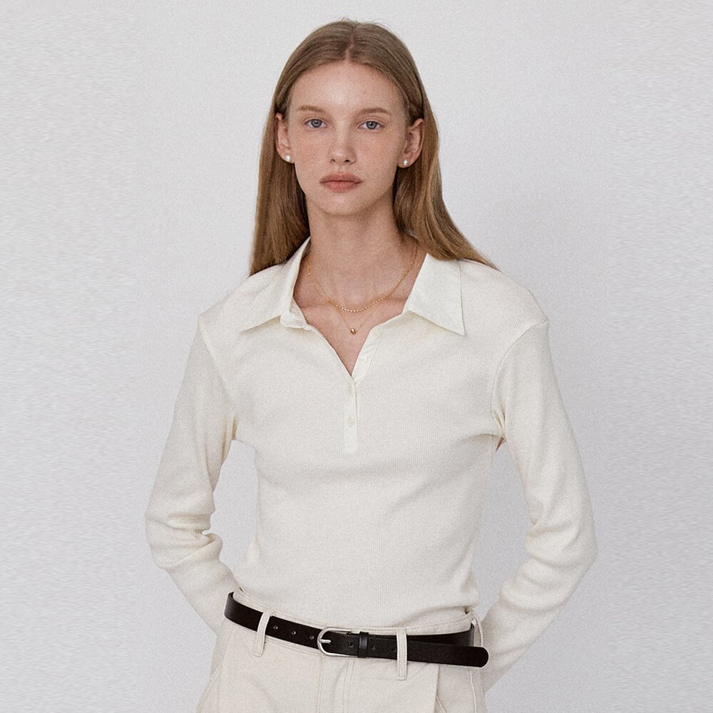 Ribbed Panel Classic Collar T-Shirt - Cream
