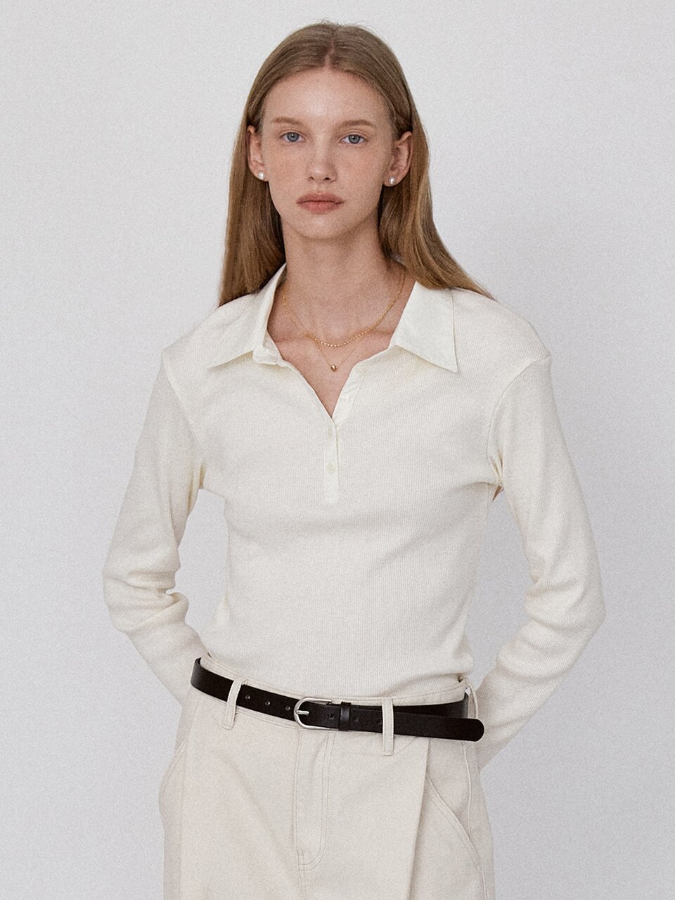 Ribbed Panel Classic Collar T-Shirt - Cream