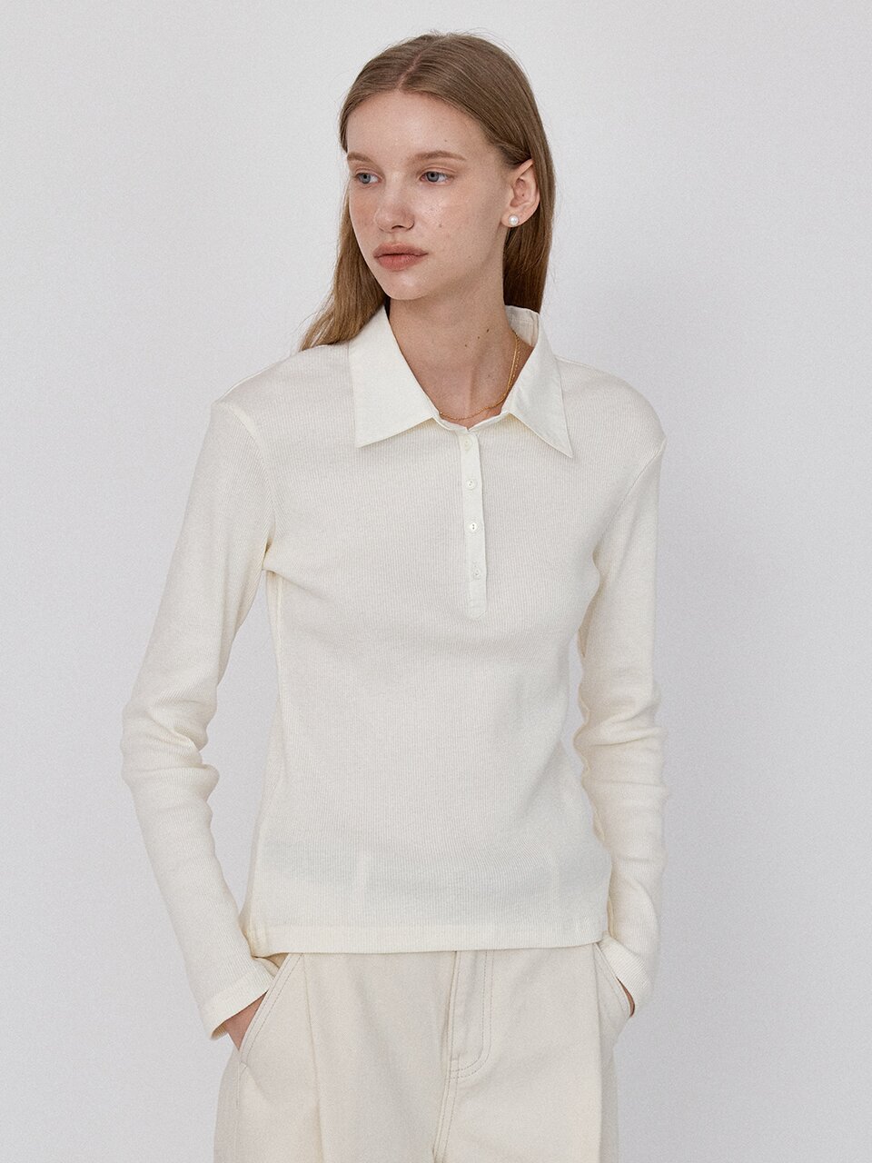 Ribbed Panel Classic Collar T-Shirt - Cream