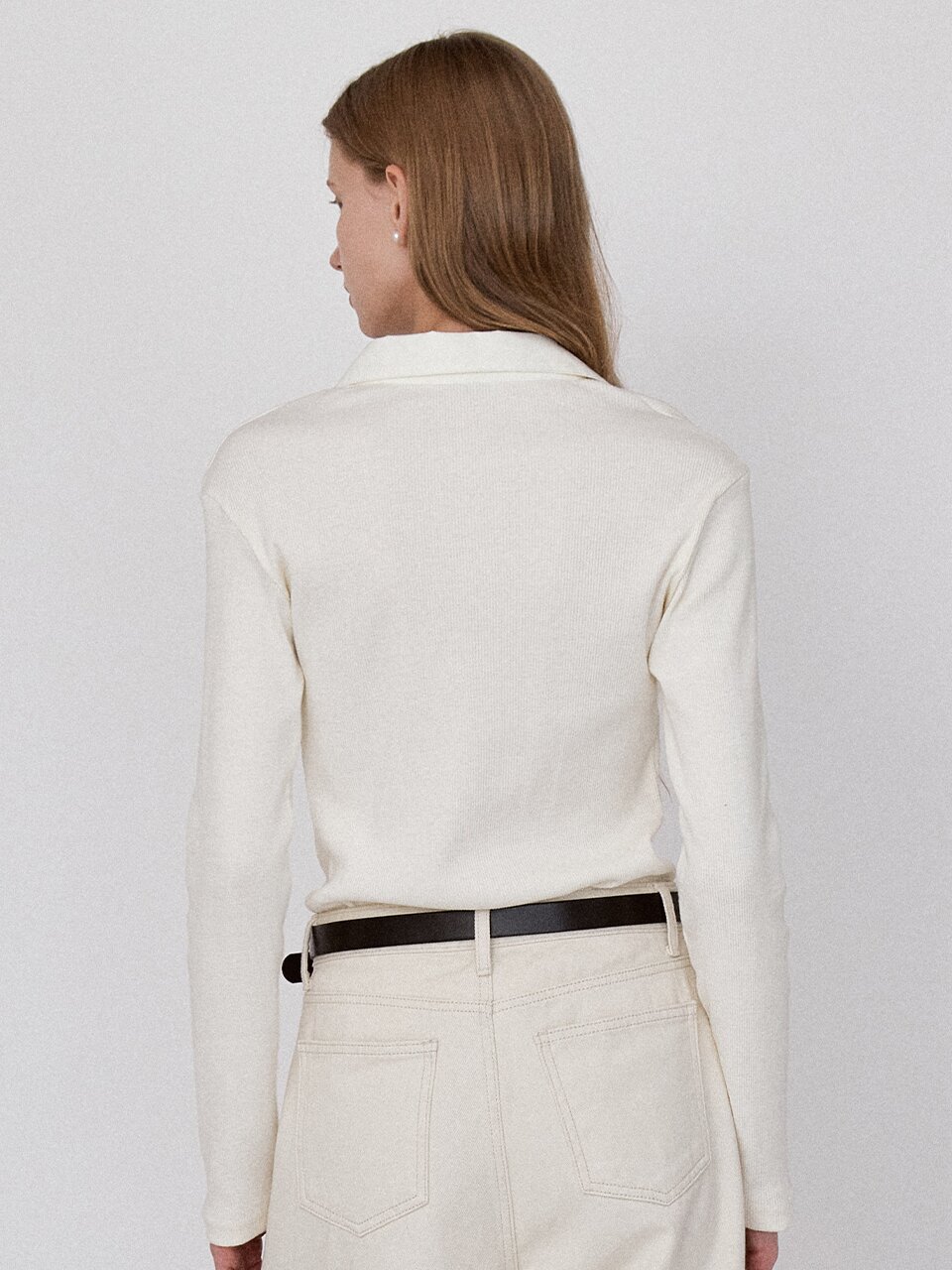 Ribbed Panel Classic Collar T-Shirt - Cream