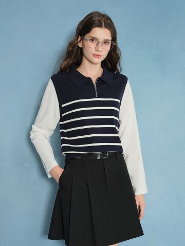 AR_Striped half zipper knit top