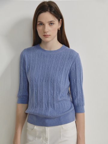 케이블 7부 라운드넥 풀오버 니트 