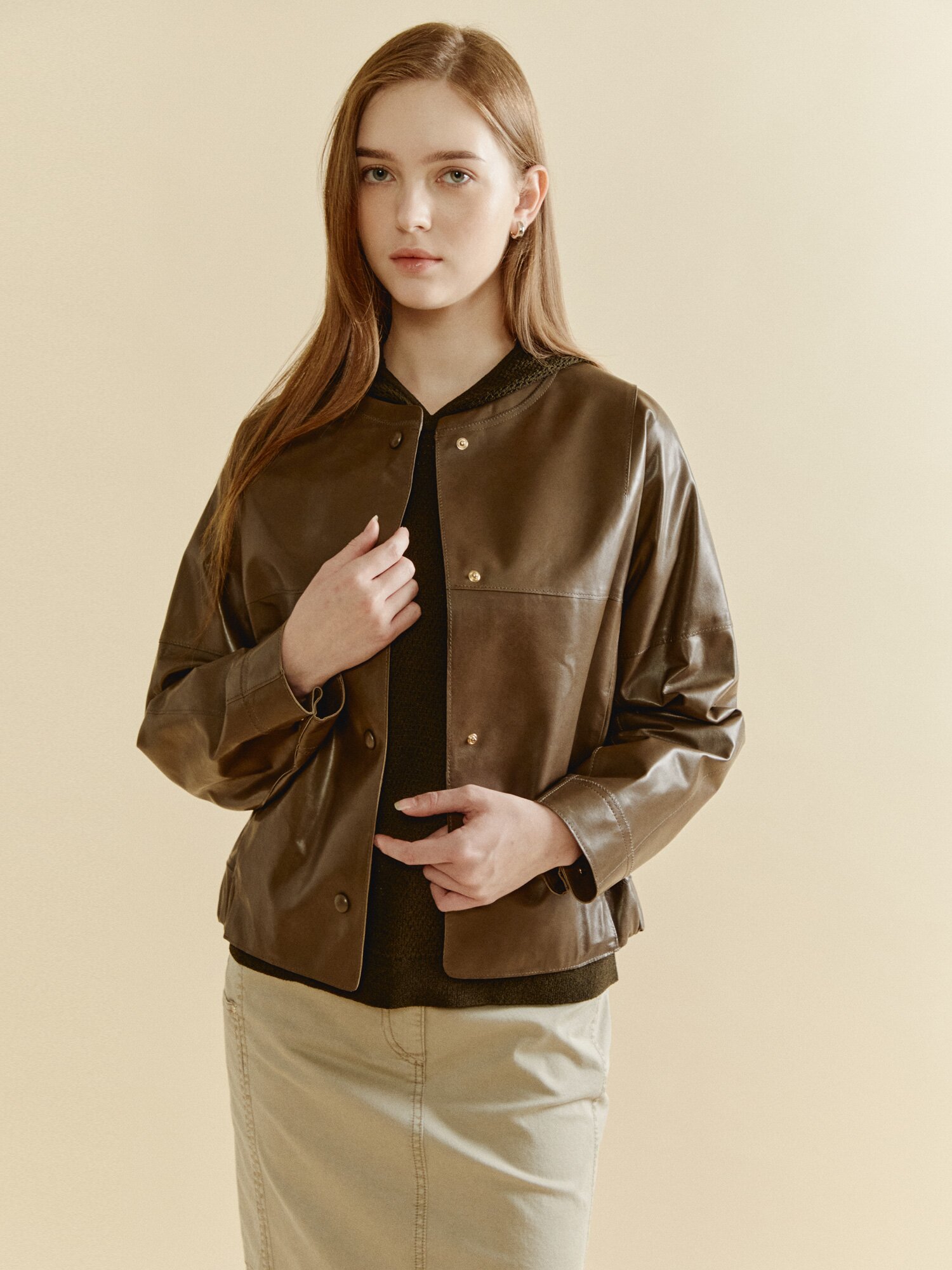 모던 바텍 라운드 레더 재킷 (DARK BROWN)