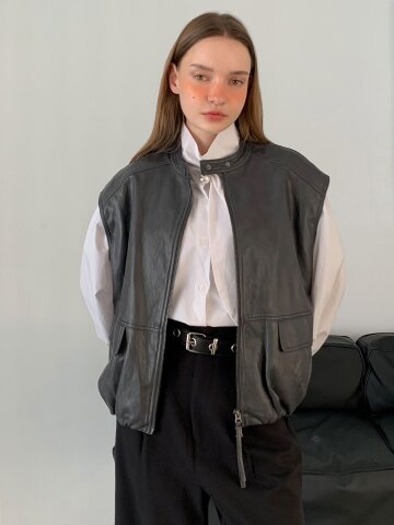 페이크 레더 셔링 집업 베스트 (3colors)