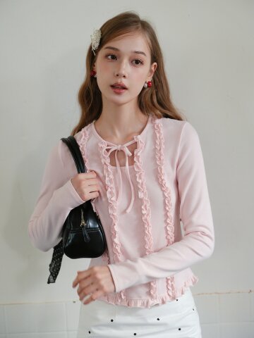 Cest_Ruffle lace ribbon long sleeve top
