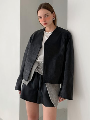 노 카라 페이크 레더 원 버튼 자켓 (2colors)