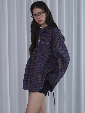 리본 디테일 오버핏 코튼셔츠_체크 블루