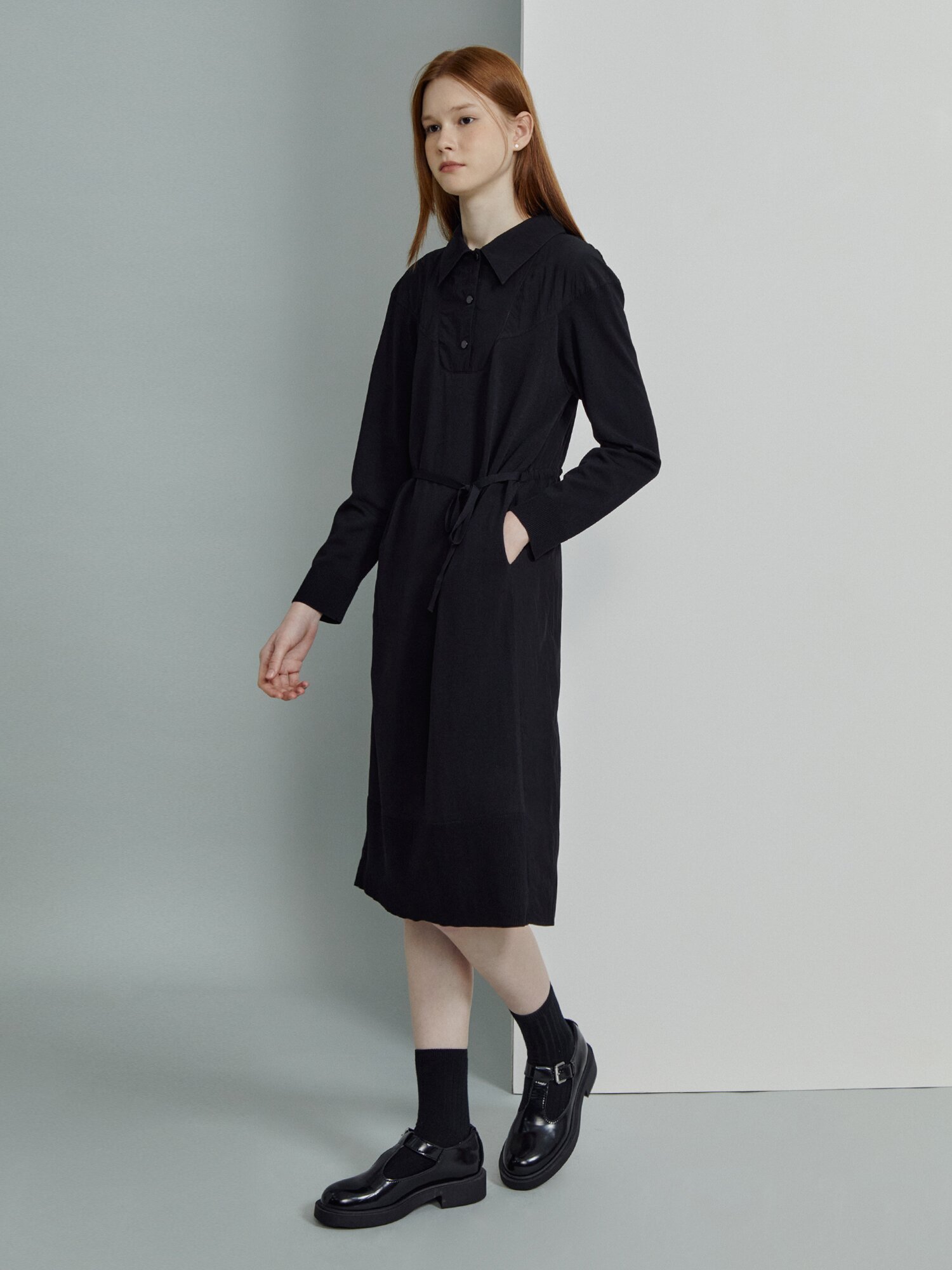 나일론 니트 배색 셔츠 칼라 롱 원피스 (BLACK)
