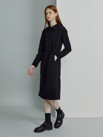 나일론 니트 배색 셔츠 칼라 롱 원피스 