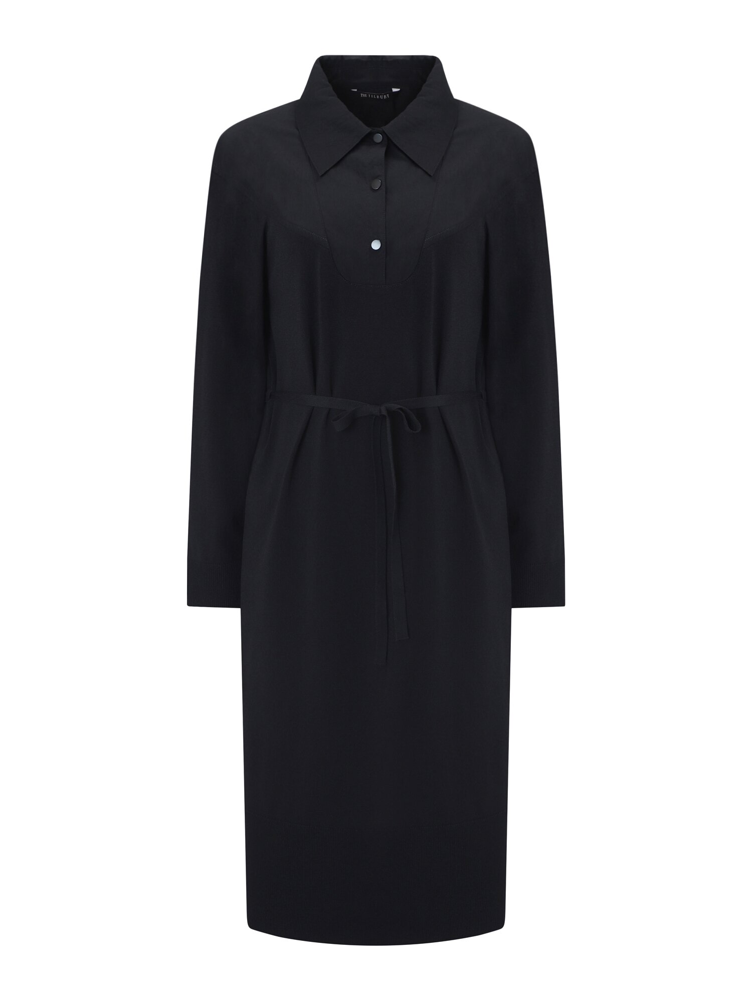 나일론 니트 배색 셔츠 칼라 롱 원피스 (BLACK)