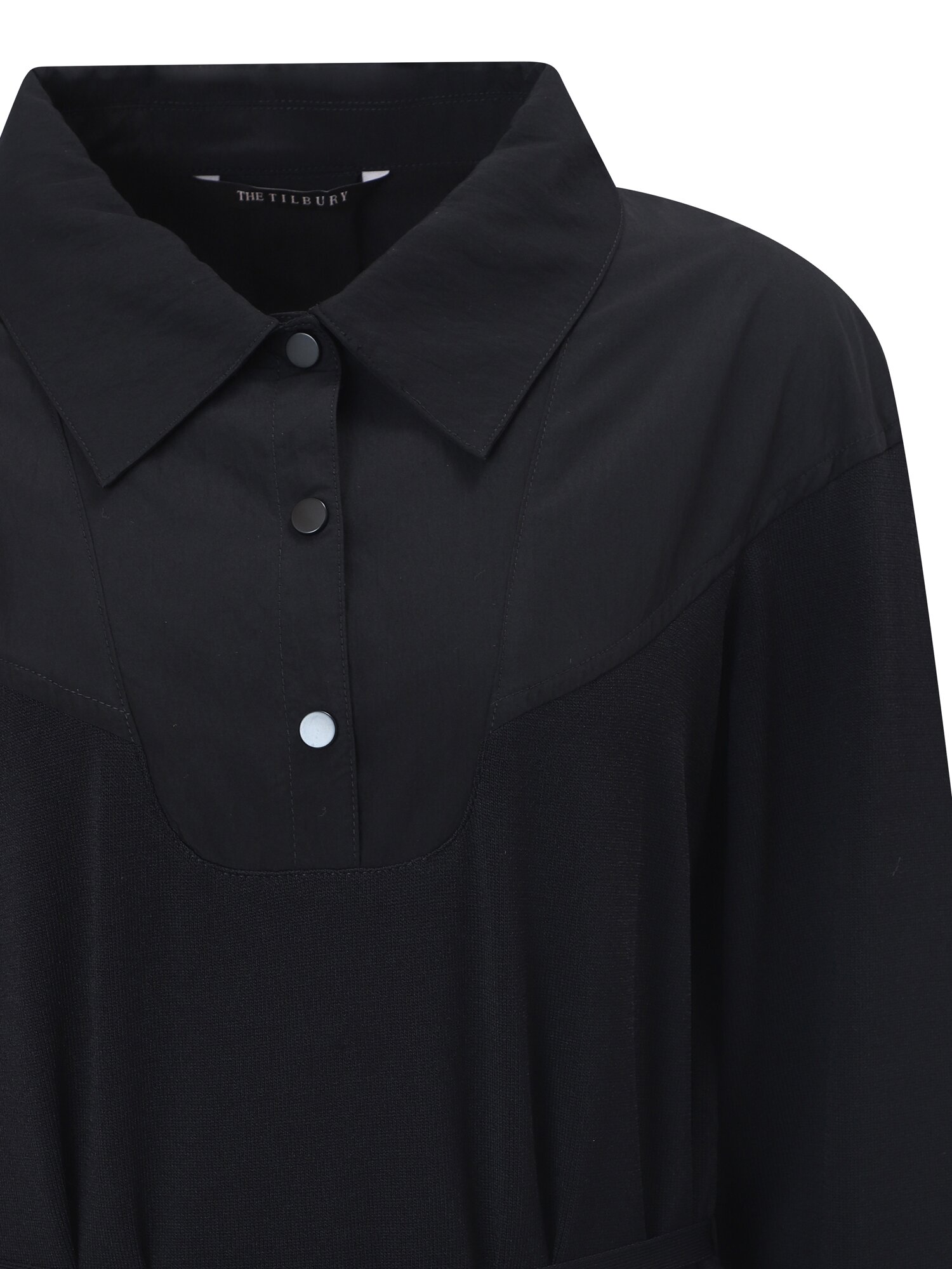 나일론 니트 배색 셔츠 칼라 롱 원피스 (BLACK)