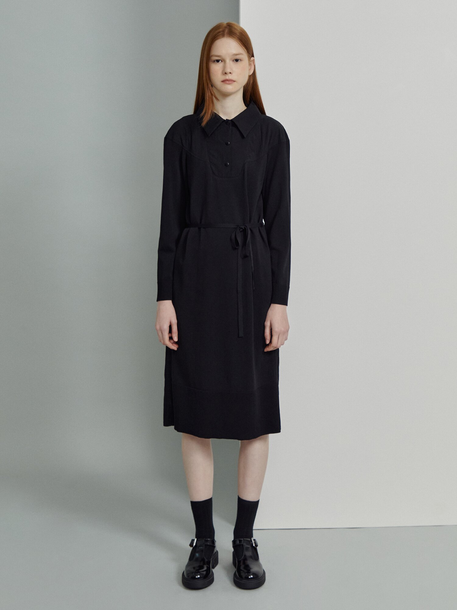 나일론 니트 배색 셔츠 칼라 롱 원피스 (BLACK)