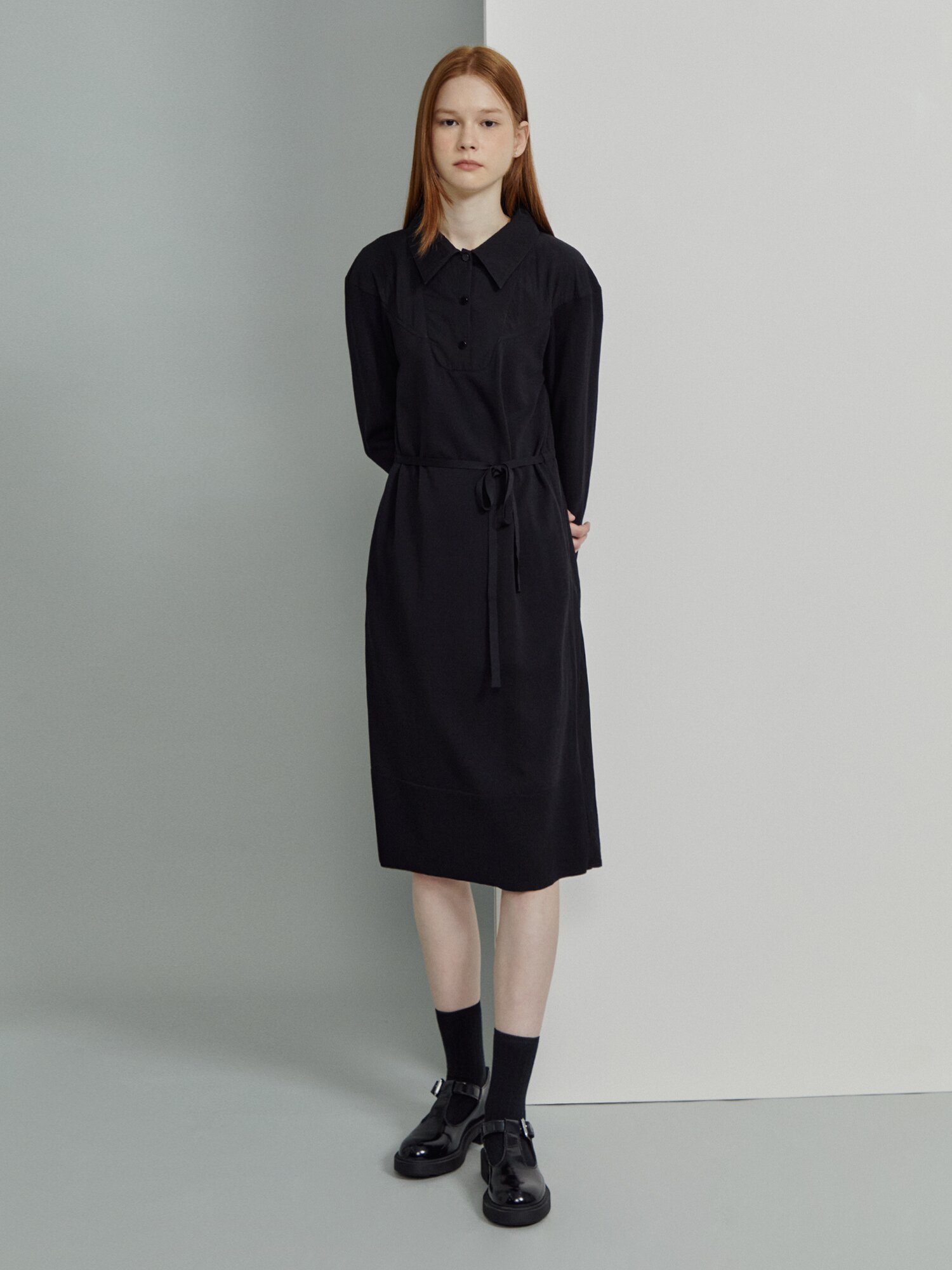 나일론 니트 배색 셔츠 칼라 롱 원피스 (BLACK)
