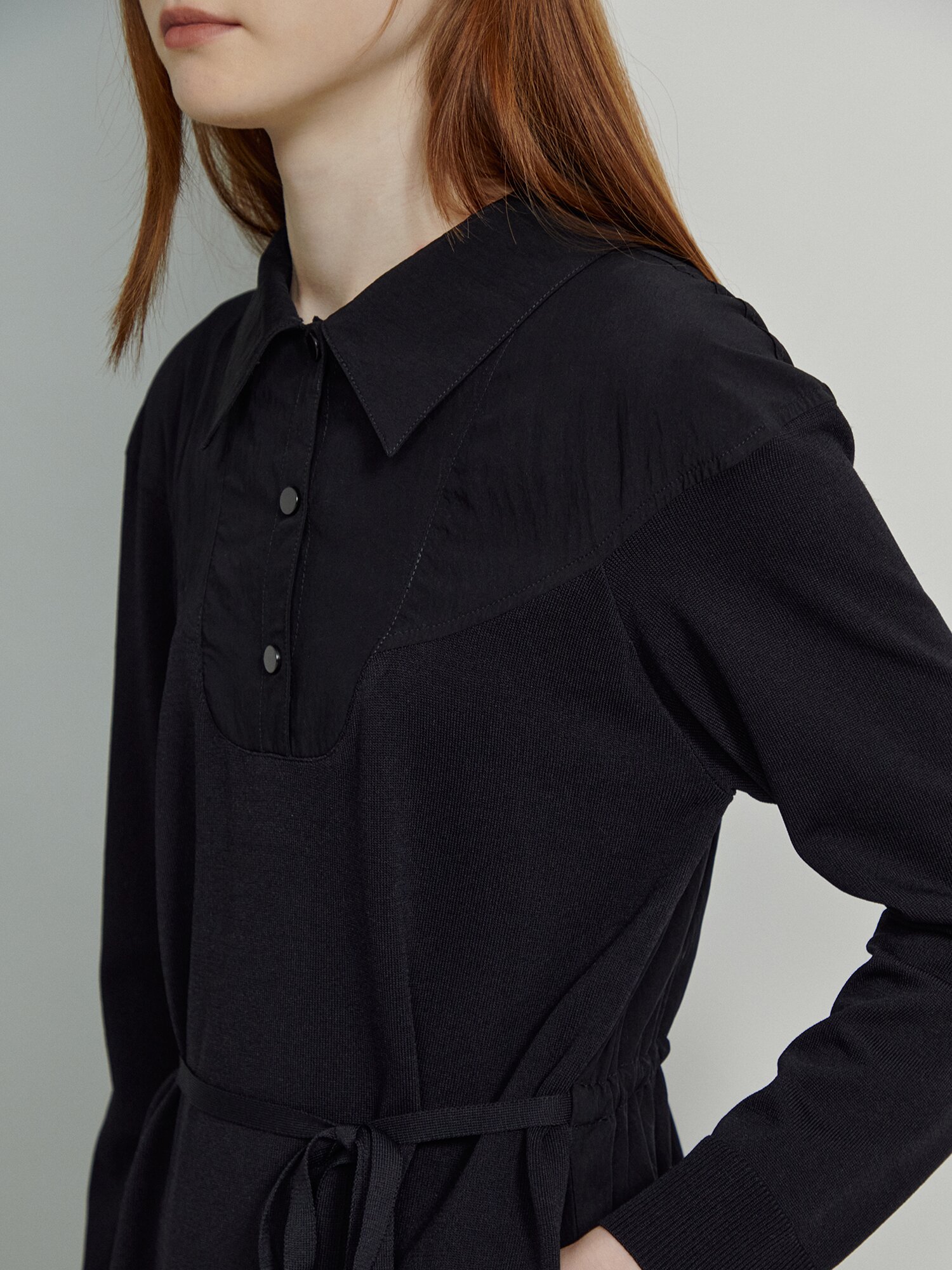 나일론 니트 배색 셔츠 칼라 롱 원피스 (BLACK)