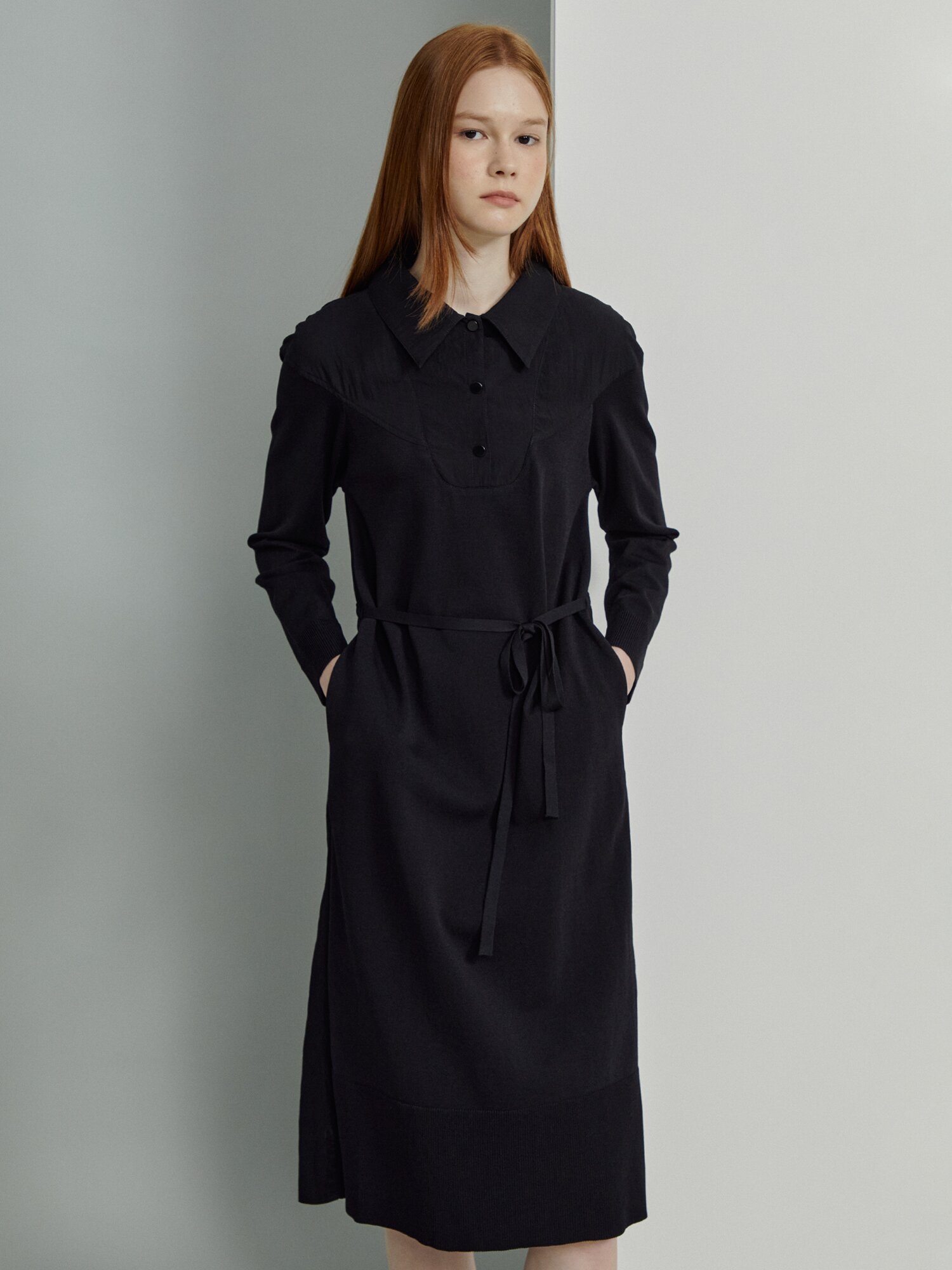 나일론 니트 배색 셔츠 칼라 롱 원피스 (BLACK)