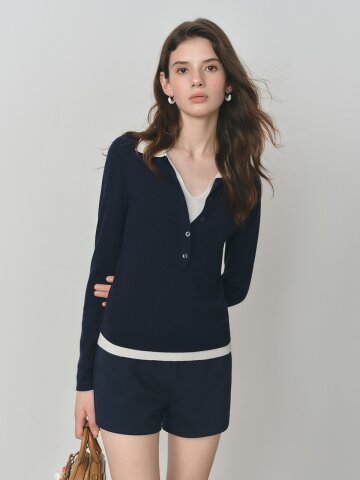 WD_Button fake two-piece knit top_NAVY